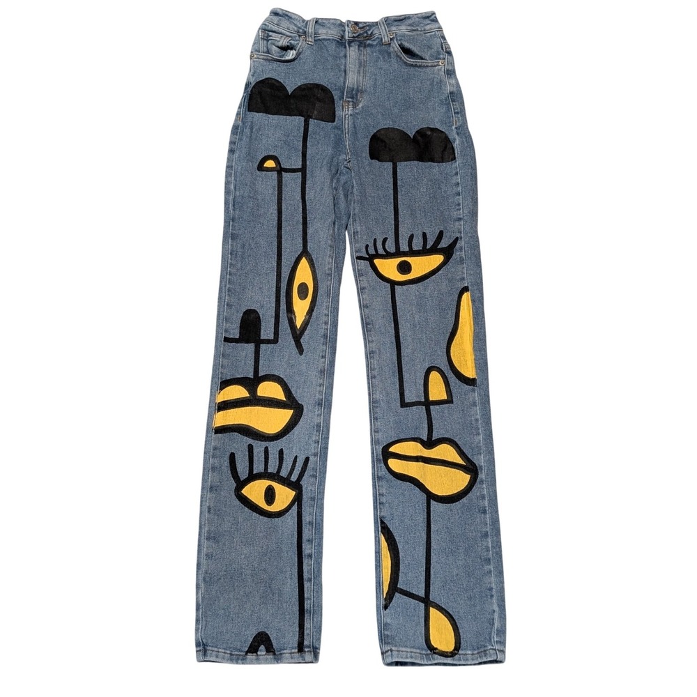 Akira Jeans Women 3 W25 Blue Abstract Eyes On Me Graphic Straight Leg High Rise